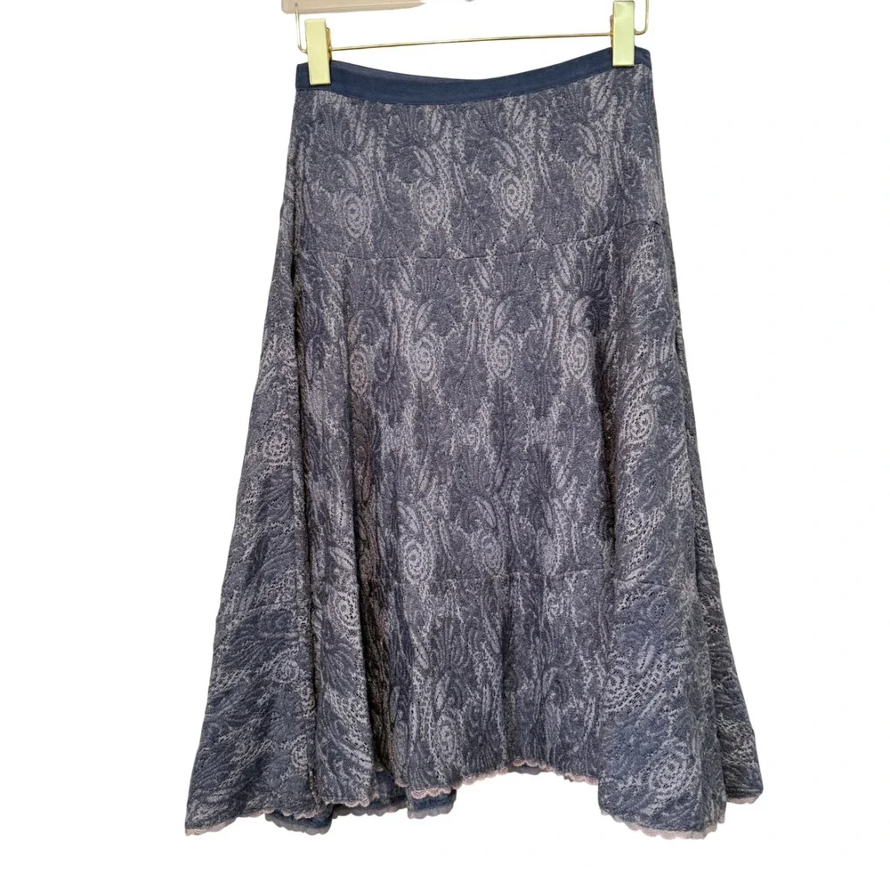 Free People Blue Paisley Lace Midi Skirt Shimmer Tiered Boho Medium‎
